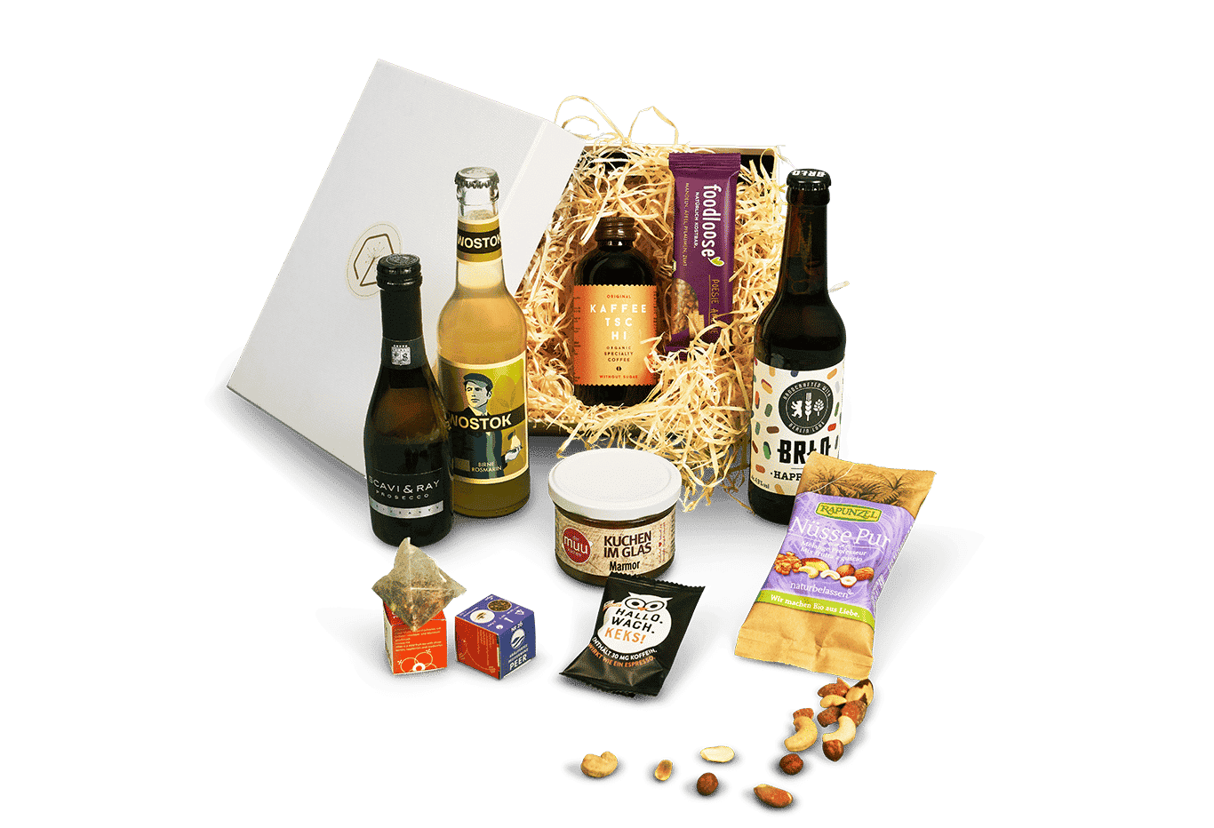 Our Last Minute Box includes an invigorating cold brew coffee, a delicious Happy Pils, sparkling prosecco, exciting pear and rosemary lemonade, a delicious marble cake, crunchy natural nuts, a healthy Poesie Amelie bar, an activating Hallo.Wach.Keks! and no less than 2 aromatic teas.