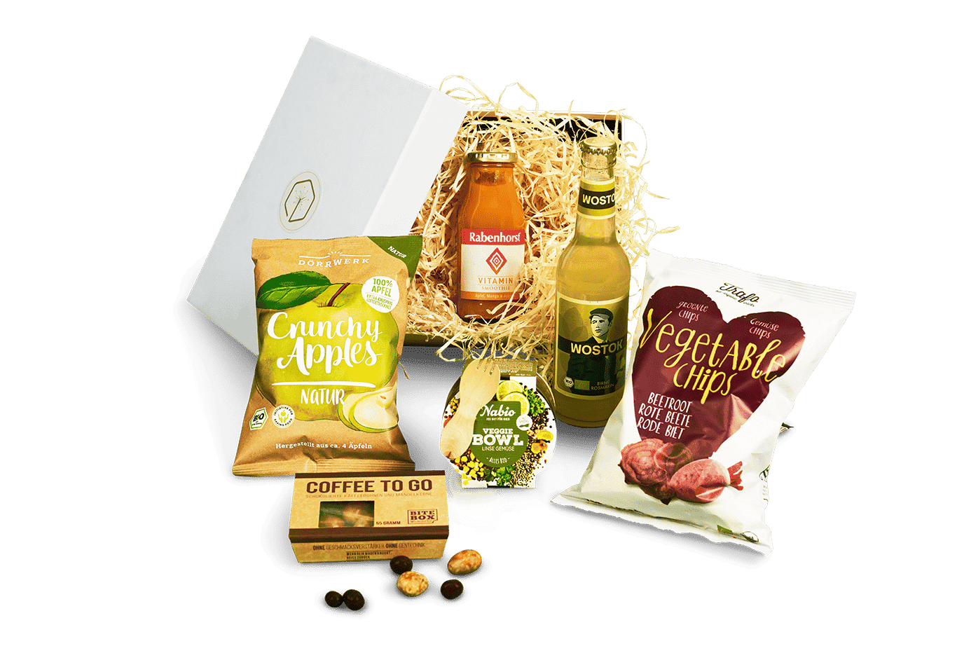 With a revitalising vitamin smoothie, delicious pear and rosemary lemonade, crispy apple chips, crunchy vegetable chips, a delicious coffee-to-go nut mix and a healthy veggie bowl, you'll make the recipients of the lunch box a real treat!