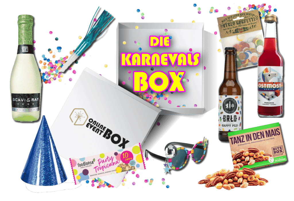 A box full of good humor. With it you get everything for a successful party: sparkling Hugo, delicious beer, fruity paradise spritzer, seed confetti, fun party glasses, a colorful party hat, a funny fluttering horn, a crunchy corn-nut mix and the delicious Party Tropicana bar from foodlose.