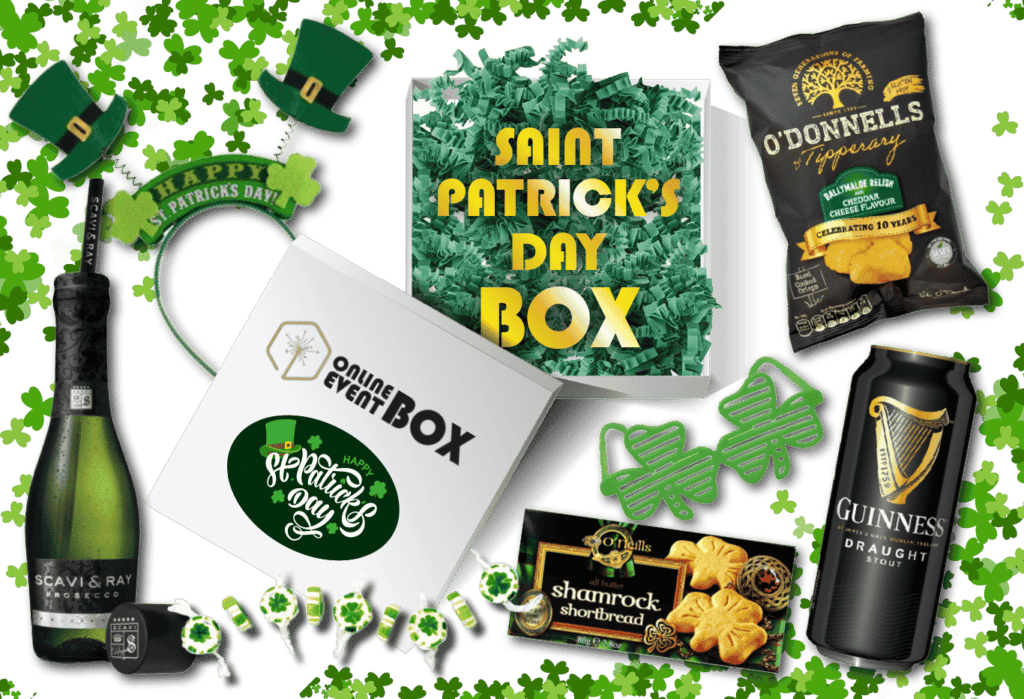 Diese Online Event Box liefert Dir typisch irischen Genuss zum St. Patricks Day: Guinness Bier, Cheddar-Chips, shamrock shortbread und Prosecco. Für den richtigen Party-Spaß bekommst Du noch eine ausgefallene Party-Brille und einen lustigen Kopfschmuck. A Propos grün: für jede versandte Box pflanzen wir einen Baum