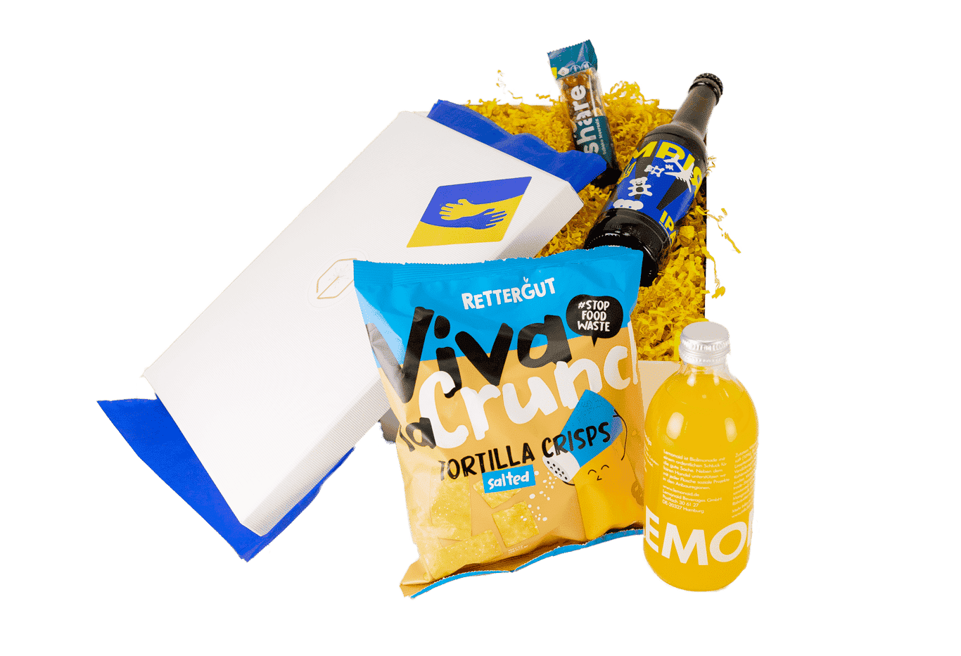 Support Ukraine with this box. Our profits are donated; and the box contains items from manufacturers who do the same*. Support UNO Refugee Aid and receive refreshing passion fruit lemonaid, sparkling BRŁO beer, a crunchy nut bar and delicious tortillas. *except: Tortilla chips
