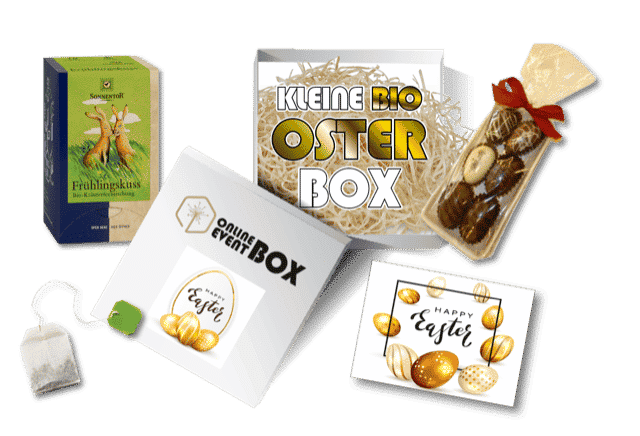 Diese Online Event Box versüßt Ostern. Mit ihr verschenkst Du einen lieben Ostergruß, einen frühlingshaften Tee und köstliche Schokoladeneier
