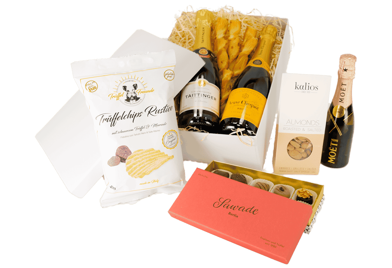 Champagner Tasting Box mit einer Auswahl prickelndem Champagner, knusprigen Trüffelchips, leckeren Mandeln und edlen Pralinen