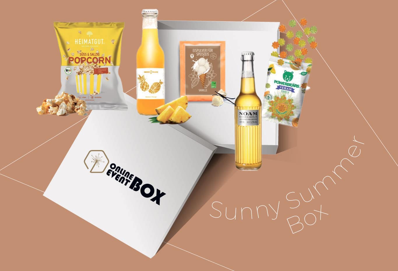 Die Sonny Summer Box macht ihrem Namen alle Ehre. Sie beinhaltet alles was Du für einen schönen Sommertag benötigst: Mit dieser Box erhält Du die Möglichkeit selber Speiseeis herzustellen, angenehm süß-salziges Popcorn, erfrischendes Lager-Bier, vegane Gummibärchen und einen fruchtigen Mango-Ananas-Drink
