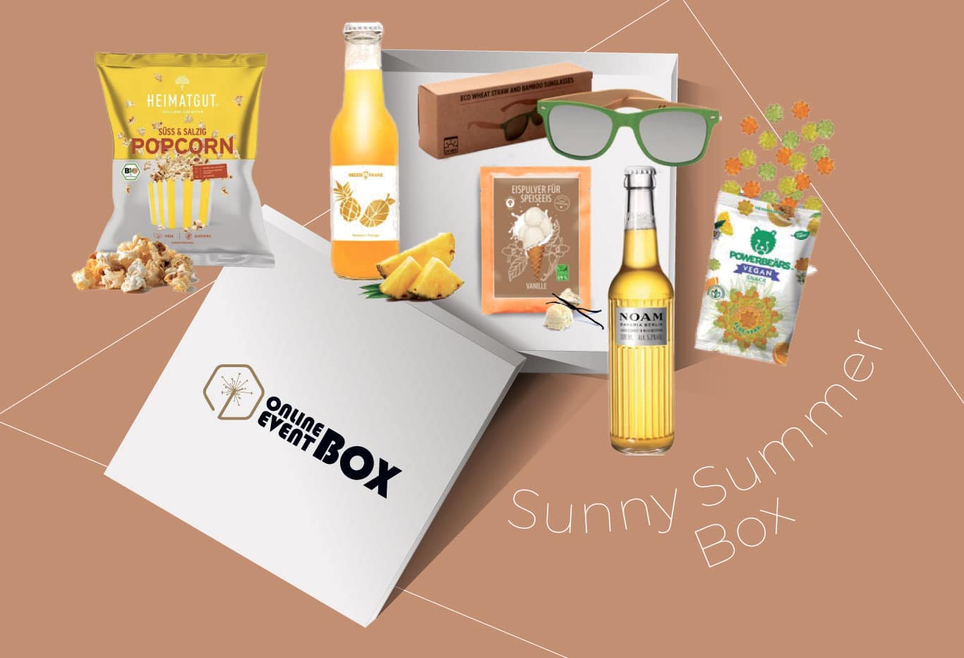 Die Sonny Summer Box macht ihrem Namen alle Ehre. Sie beinhaltet alles was Du für einen schönen Sommertag benötigst: Mit dieser Box erhält Du eine coole Sonnenbrille aus Holz, die Möglichkeit selber Speiseeis herzustellen, angenehm süß-salziges Popcorn, erfrischendes Lager-Bier, vegane Gummibärchen und einen fruchtigen Mango-Ananas-Drink